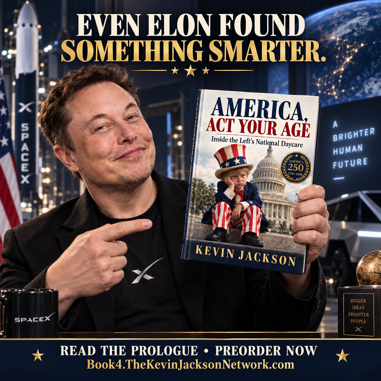 Satirical promotional image of Elon Musk holding the book
